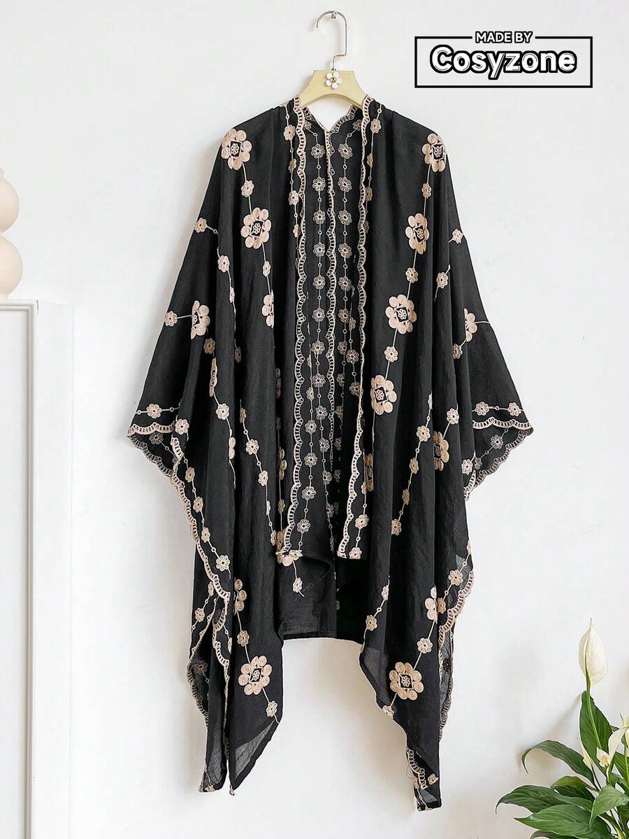 1件極簡優雅花卉圖案波希米亞風刺繡開襟披肩女款和服/圍裙，春夏外套，海灘度假防曬，刺繡開襟衫，時尚百搭輕奢裝飾，適合日常搭配，禮物首選 - 黑色 - 查看 1