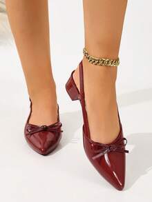 Sepatu Mule Wanita Warna Polos, Model Setengah Selip dengan Pita, Sepatu Komuter Modis - Burgundy - View 2