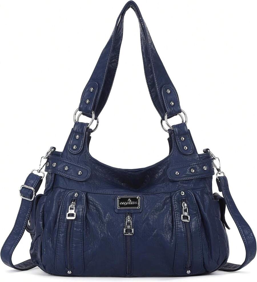 Angelkiss - Bolso de mano grande para mujer, de piel sintética lavada, bandolera, bandolera, bandolera - G-púrpura - Ver 1