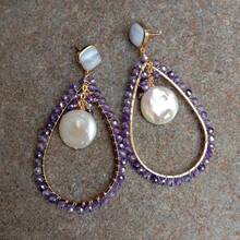 Pendientes de Lágrima Redondos de Amatista, Chapados en Oro, con Perla Blanca y Ágatas de Encaje Morado y Azul PWIGAAHTW - 1 - Ver 6