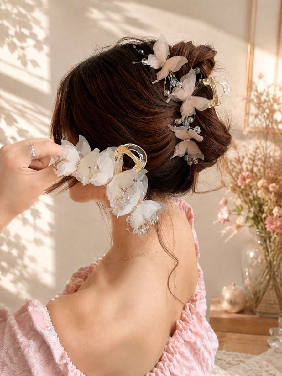 topshiny Layered Mesh Butterfly Hair Claw Clip With Beaded Tassel Accents, Sweet Elegant Organza Butterfly Hair Claw For Bun Updo Hair Accessory For Women