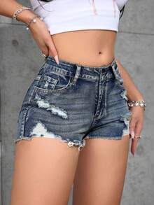 PETITE Women's Fashion Versatile Frayed Ripped Pocket Button Denim Shorts - Lavado ligero - Ver 7