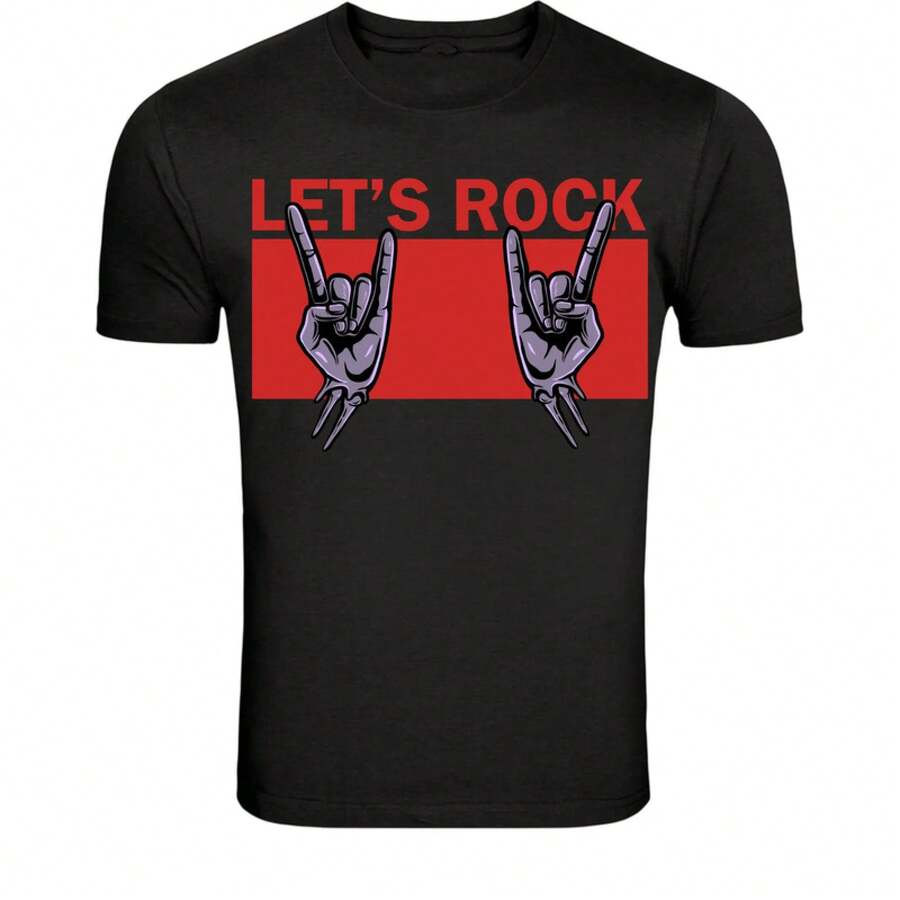 Let's Rock Hand Sign T-Shirt - Rock And Roll Music Gesture Graphic - 黑色 - 查看 1