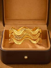 1/2/3pcs 24K Gold Plated Hand-Carved Shiny Sand Ripple Mesh Bracelet, 60mm Diameter Openable, Suitable For Women's Daily Wear, No Packaging Box - Gold - View 4