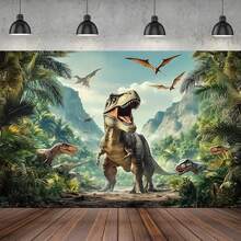 2D Flat Banner 1 Dinosaur Jungle Mountain Background Cloth, Decorative Backdrop, Photo Prop, Room Decor, Wall Decor, Party Background Decoration, Birthday Party Decoration Supplies, Dinosaur Theme Party Decoration, Gift For Dinosaur Lovers - Multicolor - View 2