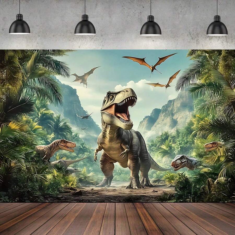 2D Flat Banner 1 Dinosaur Jungle Mountain Background Cloth, Decorative Backdrop, Photo Prop, Room Decor, Wall Decor, Party Background Decoration, Birthday Party Decoration Supplies, Dinosaur Theme Party Decoration, Gift For Dinosaur Lovers