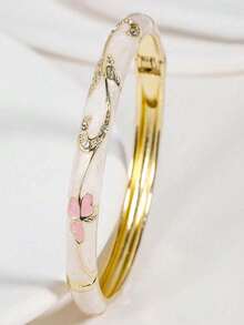 1pc Premium Cloisonne Enamel Open Bangle Bracelet, 18K Gold Plated Butterfly & Floral Design, Chinese Style Luxury Non-Fading Women's Gift Jewelry - Butterfly - View 1