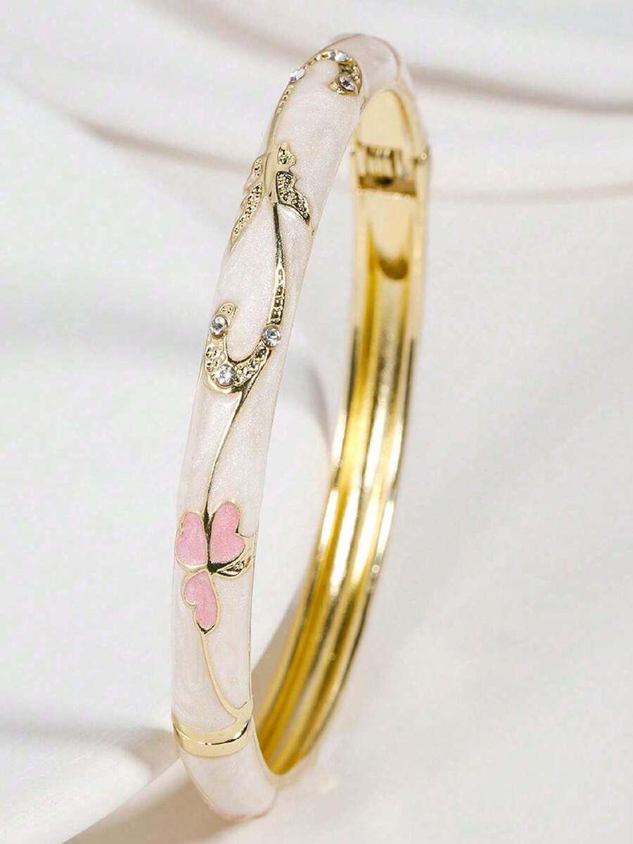 1pc Premium Cloisonne Enamel Open Bangle Bracelet, 18K Gold Plated Butterfly & Floral Design, Chinese Style Luxury Non-Fading Women's Gift Jewelry - Butterfly - View 1