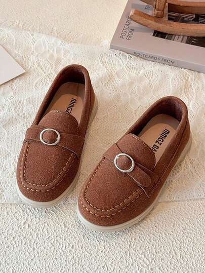 Vintage Matte Kids Loafers With Metal Buckle, Slip-On Soft Sole Anti-Slip Casual Shoes For Girls, Toddlers And Big Kids, British Style