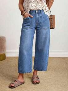 Women's Solid Color Pocket Design Fashionable Summer Versatile Jeans Brown Jeans Loose Jeans Wide Leg Jeans Brown Wide Leg Pants - Azul - Ver 1