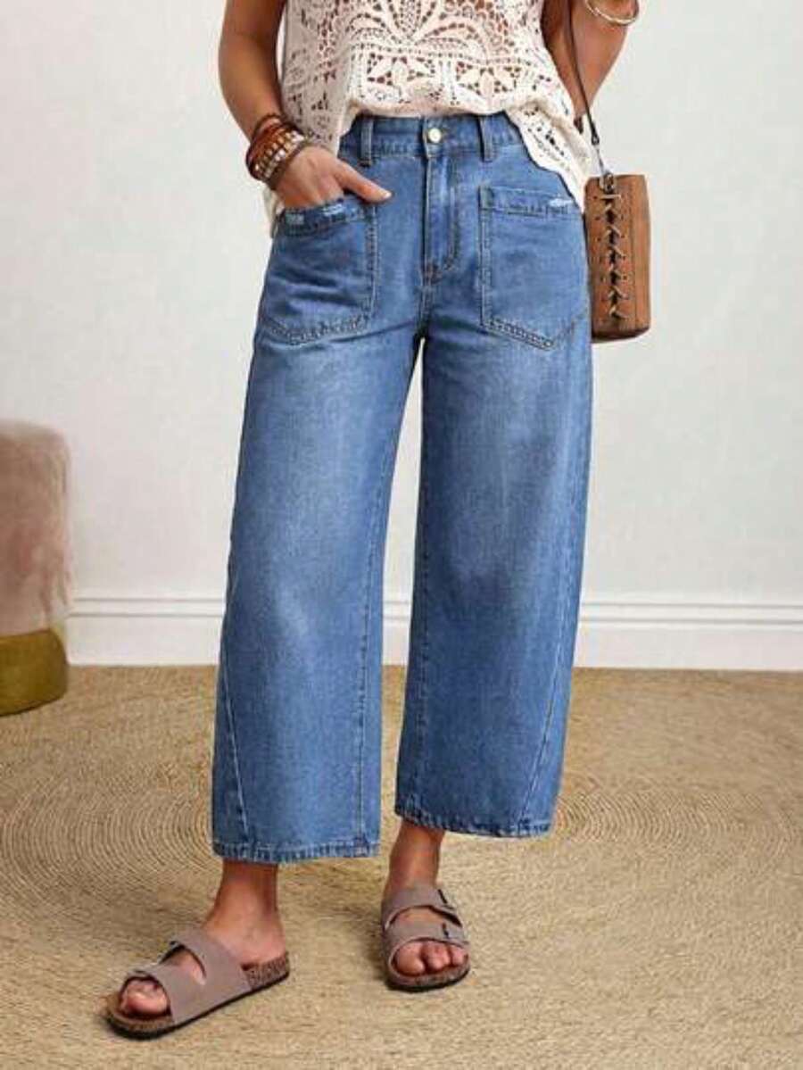 Women's Solid Color Pocket Design Fashionable Summer Versatile Jeans Brown Jeans Loose Jeans Wide Leg Jeans Brown Wide Leg Pants - Azul - Ver 1