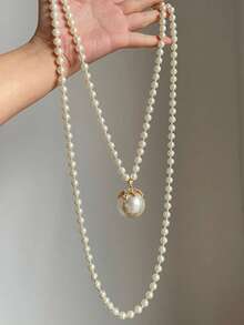 1pc Elegant Rhinestone & Faux Pearl Long Necklace, Women's Daily & Party Wear, Ideal Gift For Friends - Off-white - View 3