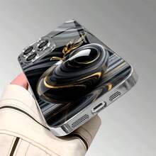 1pc Luxury Black & Gold Marble Fluid Apple Pattern Glass Phone Case, High-End & Elegant, Compatible With Apple - Silver - View 3