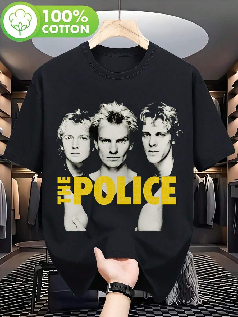 Camiseta retro estilo rock de los 80 con retratos de Sting, Andy Summers y Stewart Copeland _ Logo de la banda y miembros impreso para hombre _ Manga corta casual de cuello redondo, ideal pa - Negro - Ver 1