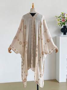 1件極簡優雅花卉圖案波希米亞風刺繡開襟披肩女款和服式圍裙 春夏外穿沙龍罩衫 刺繡開襟衫 防曬防UV 適合海灘度假 時尚百搭奢華裝飾 日常穿搭禮物首選 - 杏色 - 查看 3
