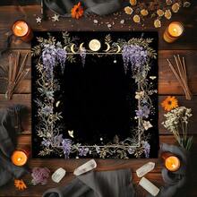 1pc Tarot Card Tablecloth, Pentagram Flower And Plant Card, Witchcraft Altar, Divination, Board Game Decoration Mat - Black - View 1