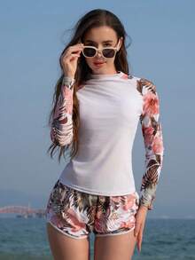 Swim SPRTY Rashguard de manga raglán con estampado tropical para playa de verano - Negro - Ver 7