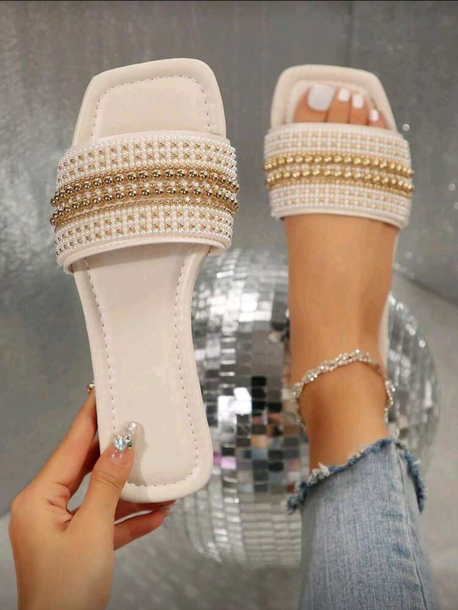 New Women's Slip-On Slippers, Rhinestone Embellished, High-End Fashion, Lightweight, Minimalist, Casual Beach Sandals - Beige - View 1