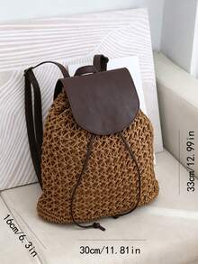 Solid Drawstring Backpack Purse, Smooth Faux Leather Flap Decor Adjustable Shoulder Straps Spacious Storage Bag For Daily Commute Travel - Coffee - View 3