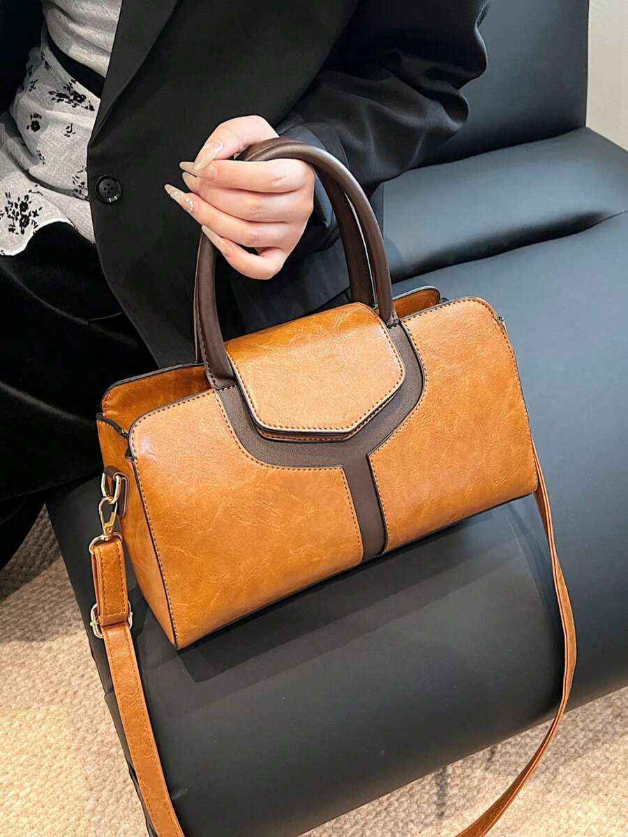 高品質拼接PU材質女款手提包,時尚日常斜挎包/單肩包,配有可調節肩帶,適合斜挎使用,適用於女孩、女大學生、新進員工與白領專業人士,適用於通勤、戶外活動、旅行、出遊及商務休閒場合,非常適合辦公、商務與工作場景 - 棕色 - 查看 1