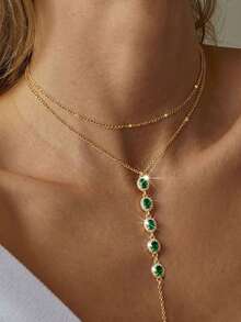 1pc European & American Vintage Double Layer Gold Chain Emerald Zirconia Halo Tassel Y-Shaped Necklace For Women, Date, Evening Party, Luxury Accessory (Positioning Bead/Random Quantity) - Necklace - View 3