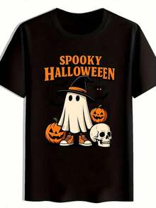 Camiseta de Halloween para hombre de corte entallado en color negro con estampado espeluznante de calabaza y murciélago y letras SPOOKY HALLOWEEN -% manga corta, cuello redondo, para u - Negro - Ver 1