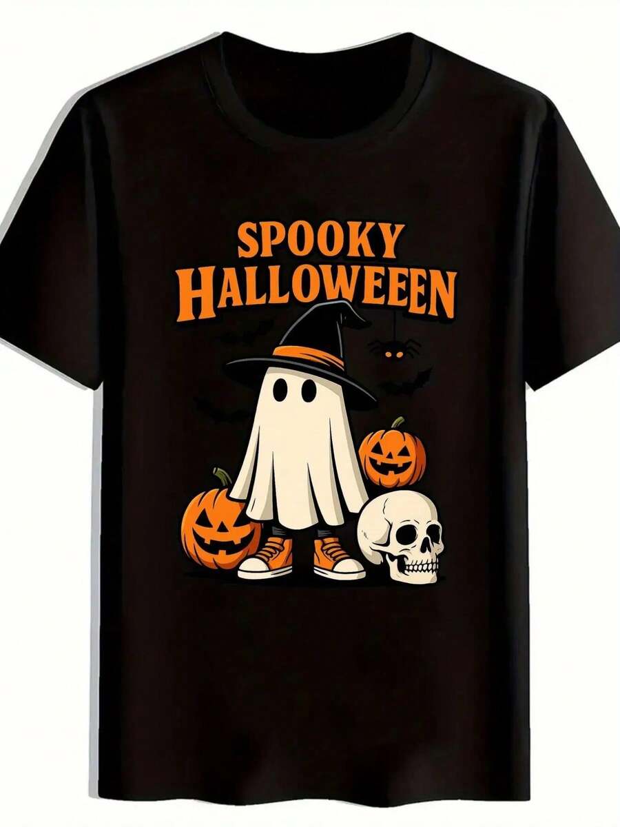 Camiseta de Halloween para hombre de corte entallado en color negro con estampado espeluznante de calabaza y murciélago y letras SPOOKY HALLOWEEN -% manga corta, cuello redondo, para u - Negro - Ver 1