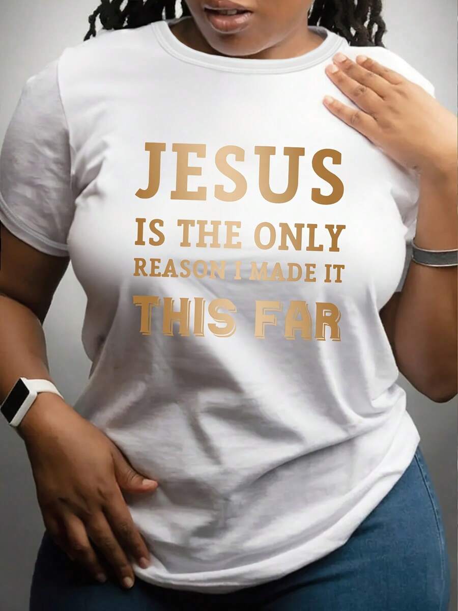 Camiseta de Cuello Redondo Estampada Talla Grande - [Blanco] - Ver 1