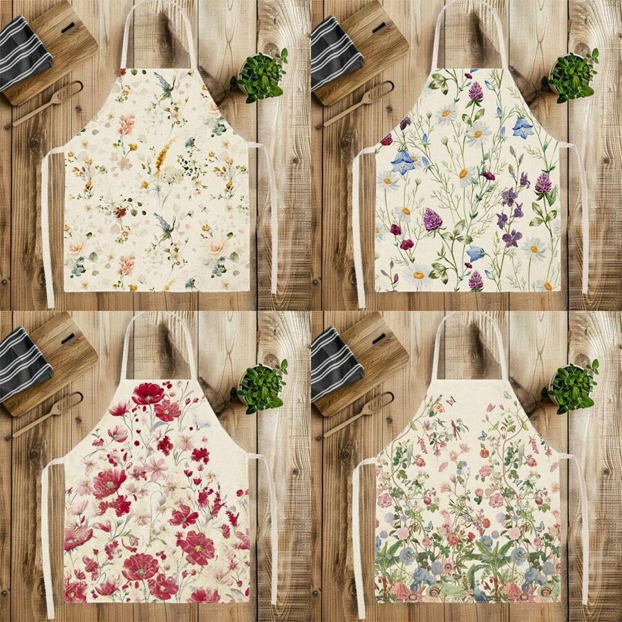 1pc Watercolor Wildflower Print Apron - Sleeveless Design, Durable And Comfortable Fit, With Mori Style Pastel Pastoral Pattern, Suitable For Cooking, Baking And Home Cleaning, Household Cleaning, Housework Apron, Home Uniform, Hand-Painted Handmade Gardening Apron, Fun Holiday Gift - Multicolor - View 1