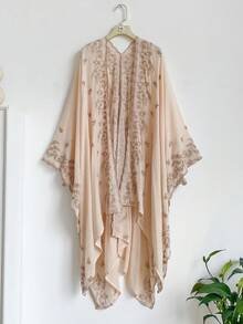 IROJEFF 1pc Elegant Floral Pattern Bohemian Style Embroidered Split Kimono/Sarong Shawl For Women, Spring/Summer Outerwear, Beach Vacation Sun Protection, Embroidered Cardigan, Fashionable Versatile Luxury Decorative, Suitable For Daily Matching, Perfect Gift Choice - Apricot - View 7
