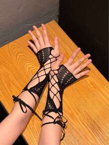 2/1 Pair Women's Elastic Cross Solid Color Mesh Lace-Up Short Sleeve Arm Warmers With Finger Loops, Suitable For Party, Halloween, Valentine's Day And Other Occasions - Multicolor - View 7