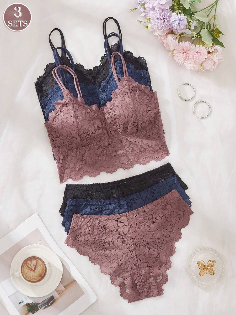 3SETS Women Lace Camisole Brief Sets With Chest Pads, Spaghetti Straps Wireless Anti-Exposure Bra Vests, Comfy Intimates - Multicolor - View 1