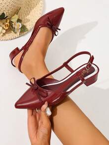 Sepatu Mule Wanita Warna Polos, Model Setengah Selip dengan Pita, Sepatu Komuter Modis - Burgundy - View 1