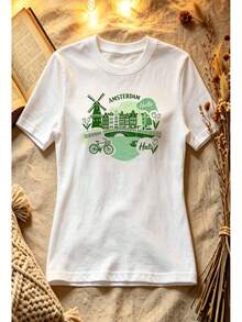 WANDERLUST Amsterdam Tulip Windmill Graphic Tee, Retro Netherlands Travel Aesthetic T-Shirt, Europe Vacation Casual Top For Women - White - View 6