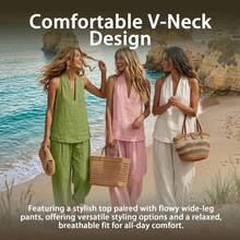 Conjunto de Dos Piezas de Lino Minimalista, Casual y Cómodo para Mujer, Top Halter sin Mangas con Cuello en V y Pantalones Anchos Holgados a Juego - Verde - Ver 3