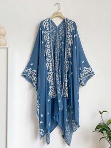 IROJEFF 1件優雅花卉圖案波希米亞風刺繡開襟披肩女款和服式圍裙，春夏外穿沙龍，海灘度假防曬UV防護刺繡開襟衫，時尚百搭奢華裝飾，適合日常穿著，送禮首選 - 藍色 - 查看 7
