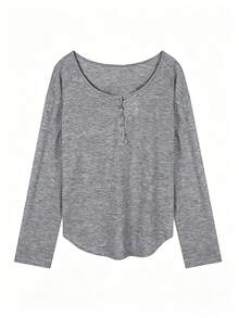 Comfortable Women's Long Sleeve Henley Shirt, Grey Polyester High Elasticity T-Shirt, Casual Regular Fit, Suitable For Daily Wear - Grey - View 8