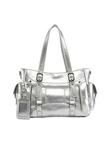 Sac à bandoulière de grande capacité à plusieurs poches de couleur unie, sac à main de design unique, décontracté et polyvalent, style punk rétro minimaliste, sac bandoulière quotidien, convient pour le travail, les trajets, les sorties quotidiennes, les rassemblements - Argent - Voir 5