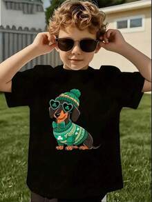 Camiseta Cómoda Infantil con Diseño de Perrito Festivo Manga Corta para Niños Ropa Estilo Dulce y Tierno Juvenil Regalo Cómodo - Negro - Ver 1