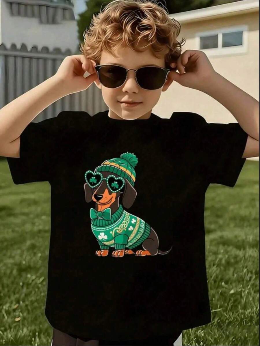 Camiseta Cómoda Infantil con Diseño de Perrito Festivo Manga Corta para Niños Ropa Estilo Dulce y Tierno Juvenil Regalo Cómodo - Negro - Ver 1