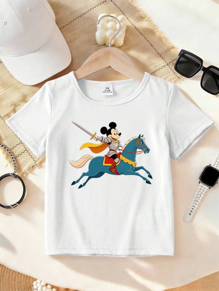 Camiseta Estampada Infantil Estampado Ratón Caballero Cuello Redondo Cómodo Estilo Aventura y Diversión Moda Colorido Ropa de Niño - Blanco - Ver 1