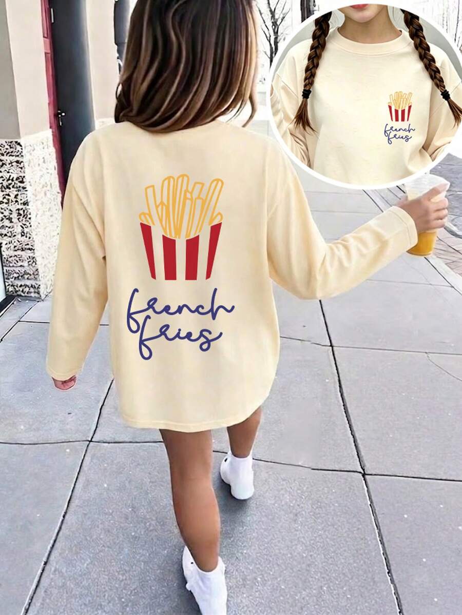 Tween Girl Casual Fun Print Round Neck Pullover Long Sleeve T-Shirt Autumn/Winter Top - Apricot - View 1