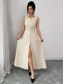 Elenzya Vestido de mujer beige liso sin mangas, abotonado simple con decoración de metal, cuello redondo, cintura ceñida con lazo, elegante, pa - Albaricoque - Ver 5