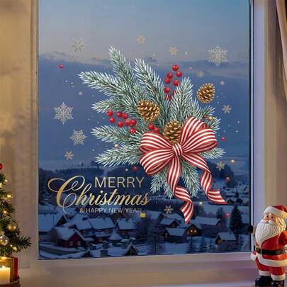 1pc Christmas-Themed Window Sticker Featuring Pine Branches, Red Berries, Snowflakes, And Bows; Self-Adhesive Decorative Decal For Shop Windows And Interiors; Suitable For Smooth Surfaces; "Merry Christmas."