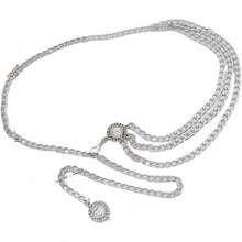 Cadena de Cintura Metálica para Mujer con Decoración para Vestido, Cinturón Delgado Ajustable - Blanco, Plata - Ver 5
