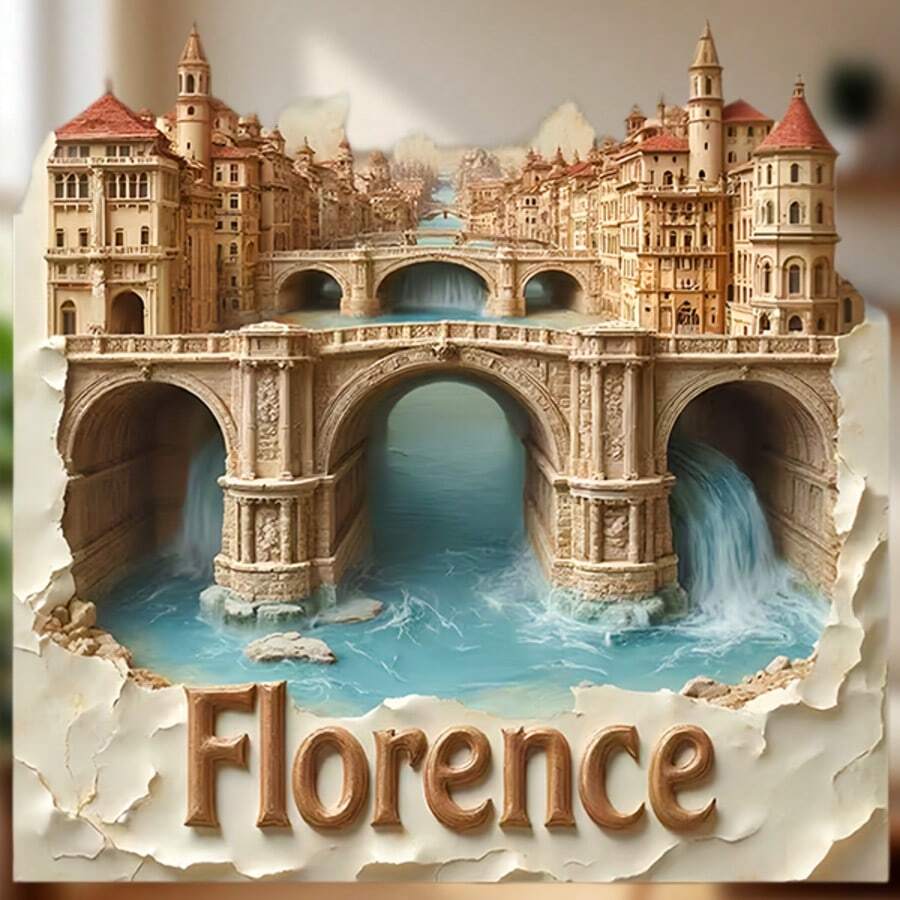 佛羅倫斯撕邊框 Ponte Vecchio 橫跨阿爾諾河與永恆宮殿瀑布磁鐵,文藝復興氣息仍在水面呼吸,適用於家中所有金屬表面的紀念品 - A - 查看 1