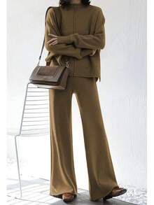 AOHITE Mujeres Adultas Conjunto de Ropa Casual Beige: Camiseta de Manga Larga con Cuello Redondo y Pantalones Anchos - Caqui - Ver 3