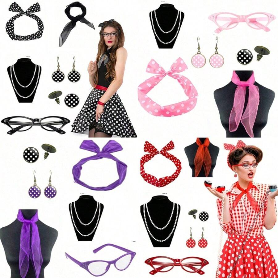 1950s Retro Women's Costume Accessory Set For 1950s Themed Party And Halloween Cosplay: Vintage Party Cosplay, Polka Dot Headband, Earrings, Stud Earrings, Beaded Necklace Accessory Set, Suitable For 1950s Themed Party And Halloween Cosplay, Elegant Costume Accessories, Valentine's Day Holiday Essential Decoration Props, Women's Cosplay Wedding Accessories, Accessories, Women's Headscarf Accessories, Removable Lens - Multicolor - View 1