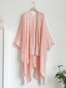 IROJEFF 1pc Elegant Floral Pattern Bohemian Style Embroidered Split Shawl Kimono Sarong For Women, Spring/Summer Outerwear, Beach Vacation Sun Protection, Embroidered Cardigan, Fashionable Versatile Lightweight Luxury Decor, Suitable For Daily Matching, Gift Choice - Pink - View 7
