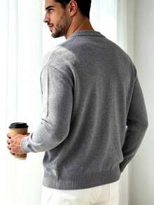 Men's Solid Color Knit Cardigan, Old Money Vintage Loose Fit, Versatile For Commute, Outdoor And Streetwear, Spring/Autumn - Grey - View 4